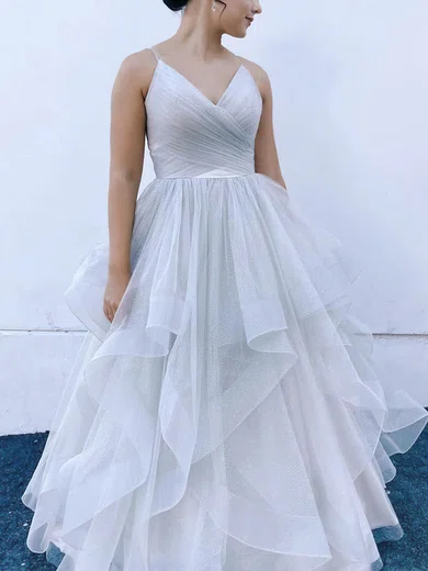 Princess V-neck Tulle Ruffle Prom Dresses #Milly020108726