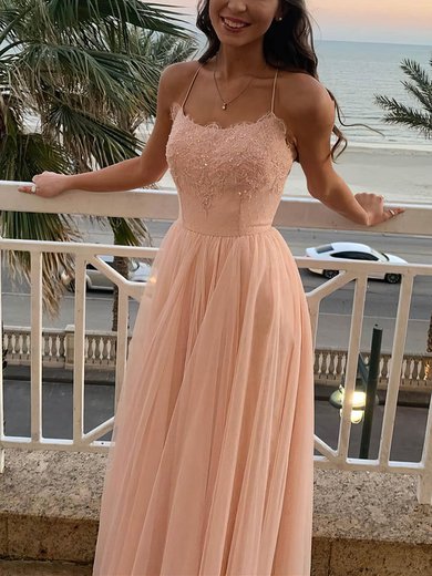 A-line Square Neckline Tulle Sweep Train Appliques Lace Prom Dresses #Milly020108730