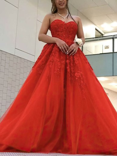 Ball Gown Sweetheart Tulle Sweep Train Appliques Lace Prom Dresses #Milly020108731
