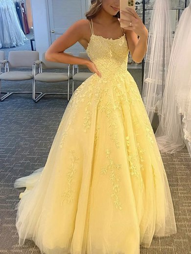 Ball Gown/Princess Sweep Train Scoop Neck Tulle Appliques Lace Prom Dresses #Milly020108733