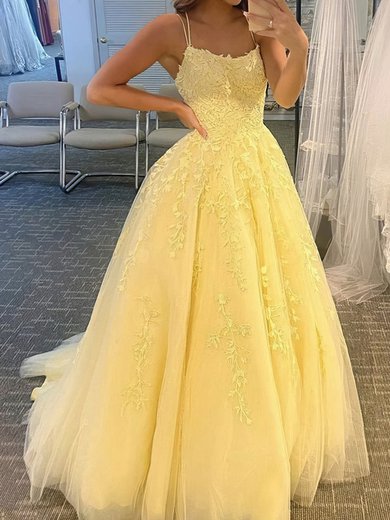 Ball Gown/Princess Sweep Train Scoop Neck Tulle Appliques Lace Prom Dresses #Milly020108733