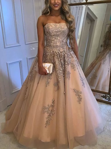 Ball Gown Strapless Tulle Sweep Train Appliques Lace Prom Dresses #Milly020108746