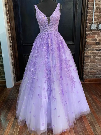 Ball Gown V-neck Tulle Floor-length Appliques Lace Prom Dresses #Milly020108748