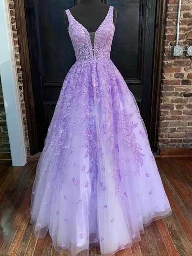 A-line V-neck Tulle Sweep Train Appliques Lace Prom Dresses #Milly020108748