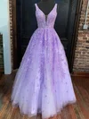 Ball Gown V-neck Tulle Floor-length Appliques Lace Prom Dresses #Milly020108748