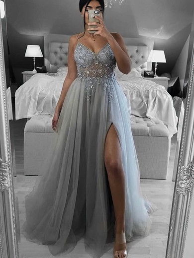 Ball Gown/Princess Sweep Train V-neck Tulle Beading Prom Dresses #Milly020108754