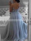 A-line V-neck Tulle Sweep Train Beading Prom Dresses #Milly020108754