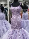 Trumpet/Mermaid Square Neckline Tulle Sweep Train Appliques Lace Prom Dresses #Milly020108760