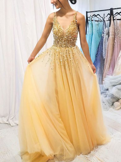A-line V-neck Tulle Sweep Train Beading Prom Dresses #Milly020108762