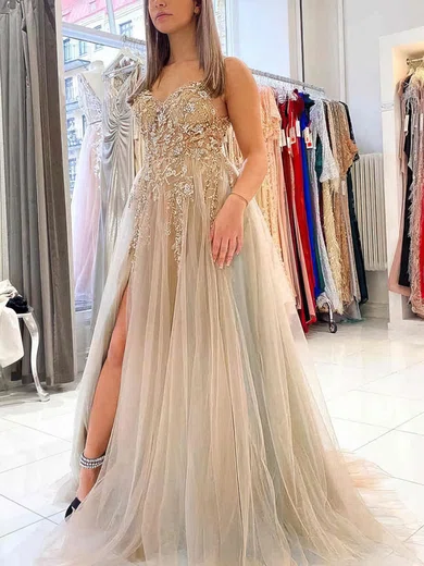 A-line V-neck Tulle Sweep Train Beading Prom Dresses #Milly020108766