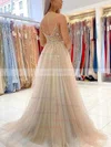A-line V-neck Tulle Sweep Train Beading Prom Dresses #Milly020108766