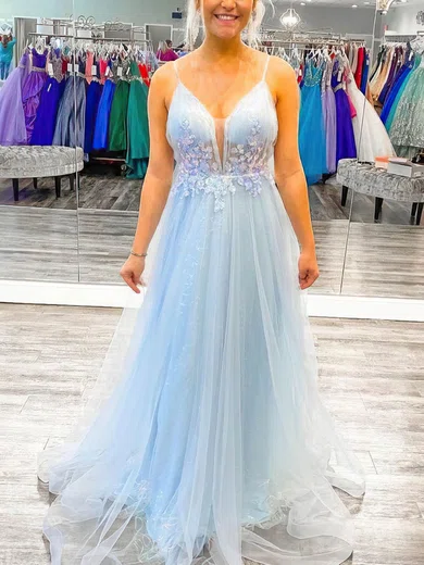 A-line V-neck Tulle Sweep Train Appliques Lace Prom Dresses #Milly020108771