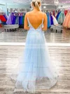 A-line V-neck Tulle Sweep Train Appliques Lace Prom Dresses #Milly020108771