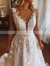 A-line Scoop Neck Lace Tulle Sweep Train Appliques Lace Prom Dresses #Milly020108772