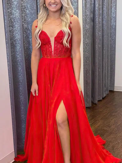 A-line V-neck Chiffon Sweep Train Appliques Lace Prom Dresses #Milly020108774