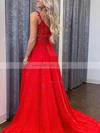 A-line V-neck Chiffon Sweep Train Appliques Lace Prom Dresses #Milly020108774