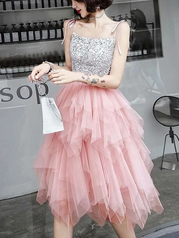A-line Square Neckline Tulle Sequined Knee-length Tiered Homecoming Dresses #Milly020108778