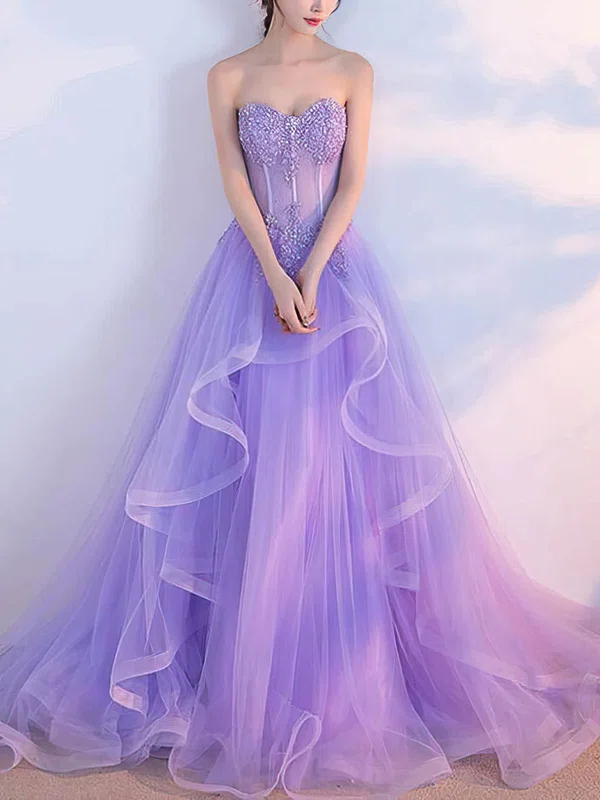 A-line Sweetheart Tulle Sweep Train Appliques Lace Prom Dresses #Milly020108779