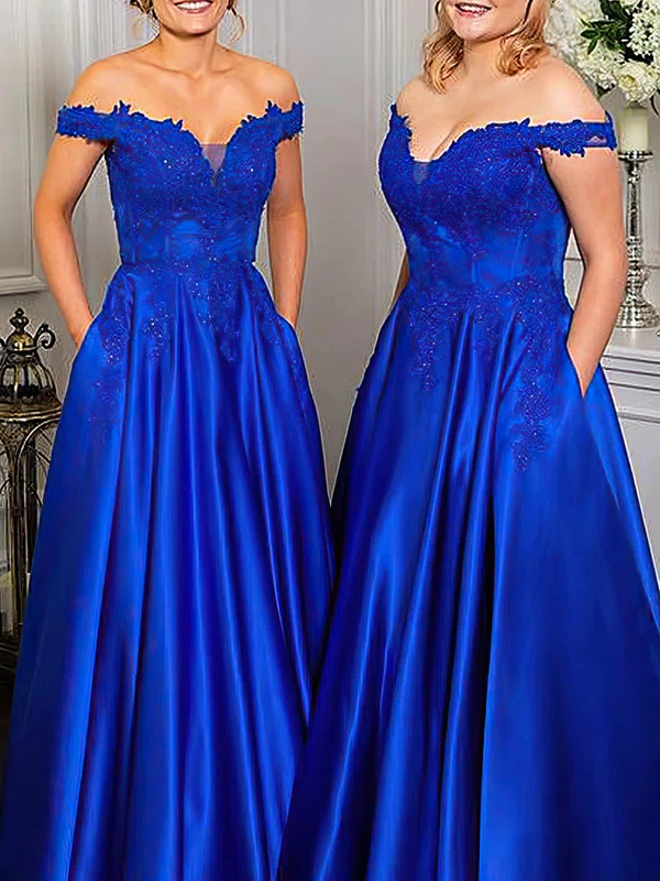 A-line Off-the-shoulder Satin Sweep Train Appliques Lace Prom Dresses #Milly020108780