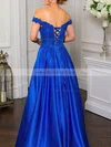 A-line Off-the-shoulder Satin Sweep Train Appliques Lace Prom Dresses #Milly020108780