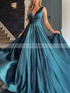 A-line V-neck Silk-like Satin Sweep Train Ruffles Prom Dresses #Milly020108781
