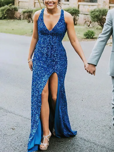 Sheath/Column V-neck Sequined Sweep Train Split Front Prom Dresses #Milly020108783