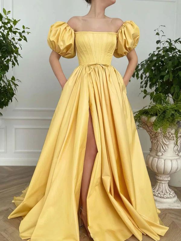 A-line Off-the-shoulder Satin Sweep Train Pockets Prom Dresses #Milly020108784