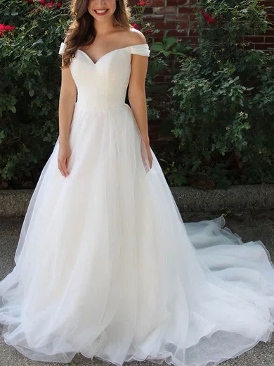 A-line Off-the-shoulder Tulle Sweep Train Prom Dresses #Milly020108787