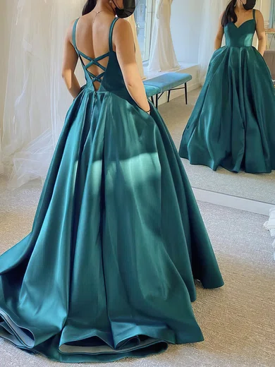 A-line V-neck Satin Sweep Train Pockets Prom Dresses #Milly020108789