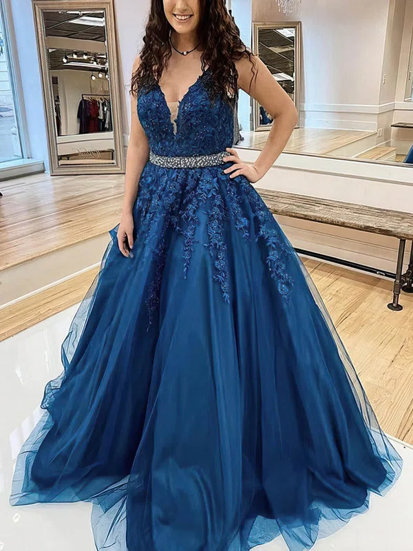 A-line V-neck Tulle Sweep Train Beading Prom Dresses #Milly020108791
