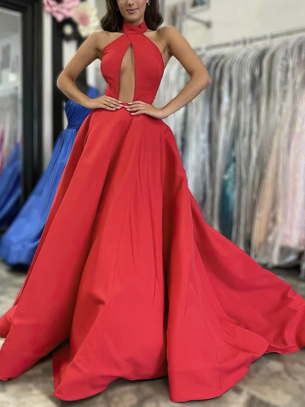 A-line High Neck Satin Sweep Train Prom Dresses #Milly020108792