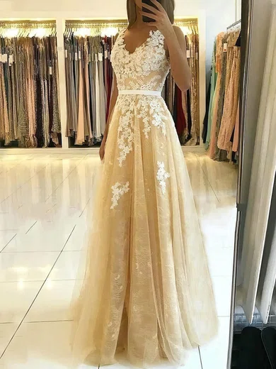 A-line V-neck Tulle Sweep Train Appliques Lace Prom Dresses #Milly020108794