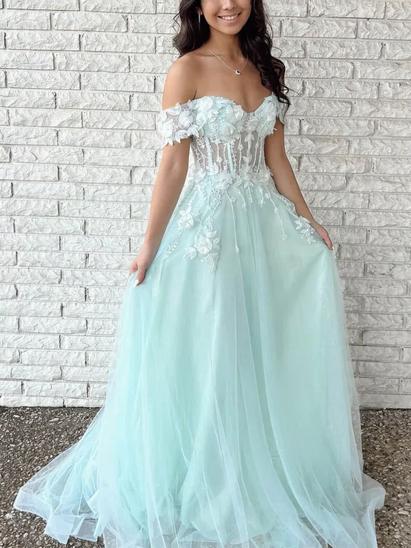 A-line Off-the-shoulder Tulle Sweep Train Appliques Lace Prom Dresses #Milly020108795