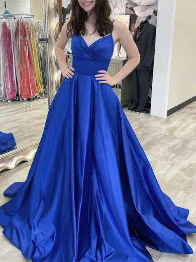 A-line V-neck Satin Sweep Train Bow Prom Dresses #Milly020108796