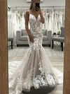 Trumpet/Mermaid V-neck Tulle Sweep Train Appliques Lace Prom Dresses #Milly020108797