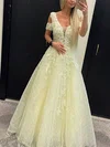 A-line V-neck Tulle Sweep Train Appliques Lace Prom Dresses #Milly020108799