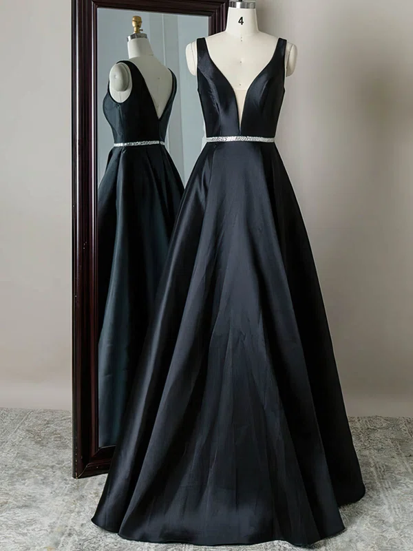 A-line V-neck Silk-like Satin Sweep Train Beading Prom Dresses #Milly020108803