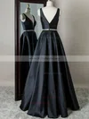 A-line V-neck Silk-like Satin Sweep Train Beading Prom Dresses #Milly020108803