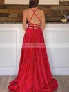 A-line V-neck Silk-like Satin Sweep Train Pockets Prom Dresses #Milly020108804