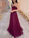 A-line V-neck Tulle Sweep Train Beading Prom Dresses #Milly020108806