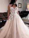 A-line V-neck Tulle Sweep Train Appliques Lace Prom Dresses #Milly020108808