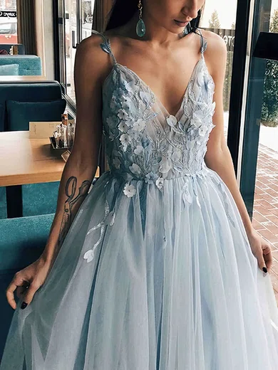 A-line V-neck Tulle Sweep Train Appliques Lace Prom Dresses #Milly020108813