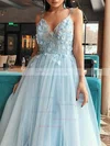 A-line V-neck Tulle Sweep Train Appliques Lace Prom Dresses #Milly020108813