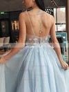 A-line V-neck Tulle Sweep Train Appliques Lace Prom Dresses #Milly020108813