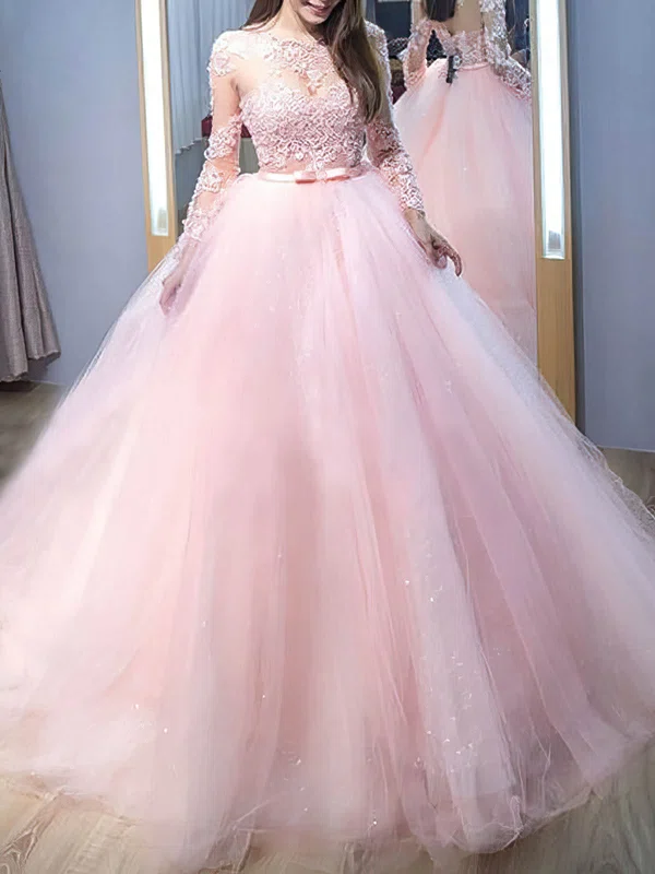 Ball Gown Scoop Neck Tulle Sweep Train Appliques Lace Prom Dresses #Milly020108815