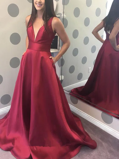 A-line V-neck Satin Sweep Train Pockets Prom Dresses #Milly020108816