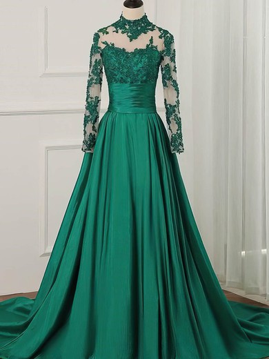 Ball Gown High Neck Tulle Silk-like Satin Sweep Train Appliques Lace Prom Dresses #Milly020108817