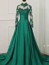 Ball Gown High Neck Tulle Silk-like Satin Sweep Train Appliques Lace Prom Dresses #Milly020108817