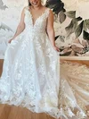 A-line V-neck Tulle Sweep Train Appliques Lace Prom Dresses #Milly020108819