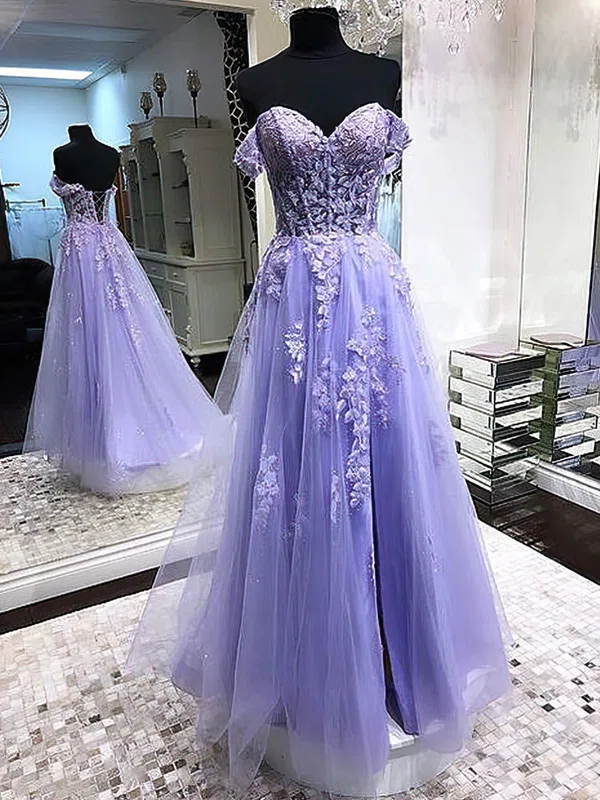 Ball Gown Off-the-shoulder Tulle Floor-length Appliques Lace Prom Dresses #Milly020108820